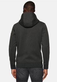 Dark gray hoodie with a thick, adjustable hood, textured cuffs, and a mesh waistband, featuring a clean, seamless design.