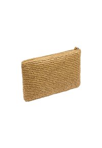 Woven straw pouch in beige; rectangular shape with a textured surface. Features a zip closure along the top for easy access.