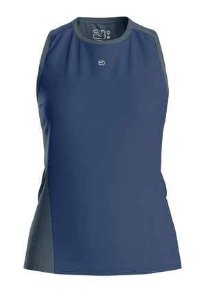 Ärmelloses Damen-Sporttop in Dunkelblau mit grauen Seitenpartien und Abschlüssen, versehen mit einem kleinen weißen Logo an Brust und Halsausschnitt.