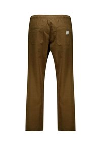 Pantalon en coton marron avec une coupe décontractée, taille élastique et deux poches à l'arrière. Texture lisse, design à jambes droites, branding minimal.