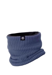 Knitted knit neck gaiter in dark blue, made from soft material with a textured surface and a black label featuring a logo.