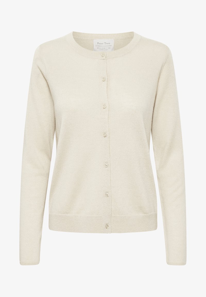 Cardigan en maille de couleur crème, manches longues, col rond et sept boutons devant, fabriqué en tissu doux.