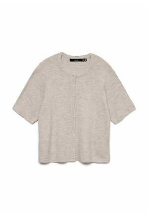 Cardigan tricoté beige clair à manches courtes avec encolure ronde et petits boutons sur le devant, posé à plat sur un fond blanc.