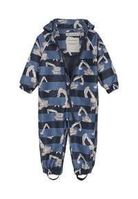 Marinfärgad vattentät overall med illustrationer av ljusa byggfordon. Elastiska muddarna och en framzipper förbättrar passform och praktisk användning.