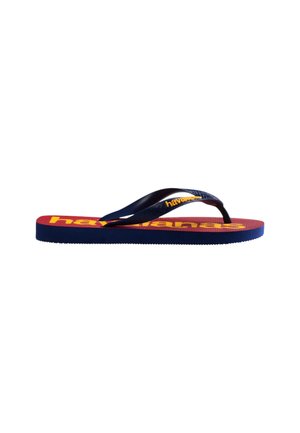 Une seule tong bleu marine et rouge avec le logo jaune "havaianas" sur la semelle et la bride sur fond blanc.