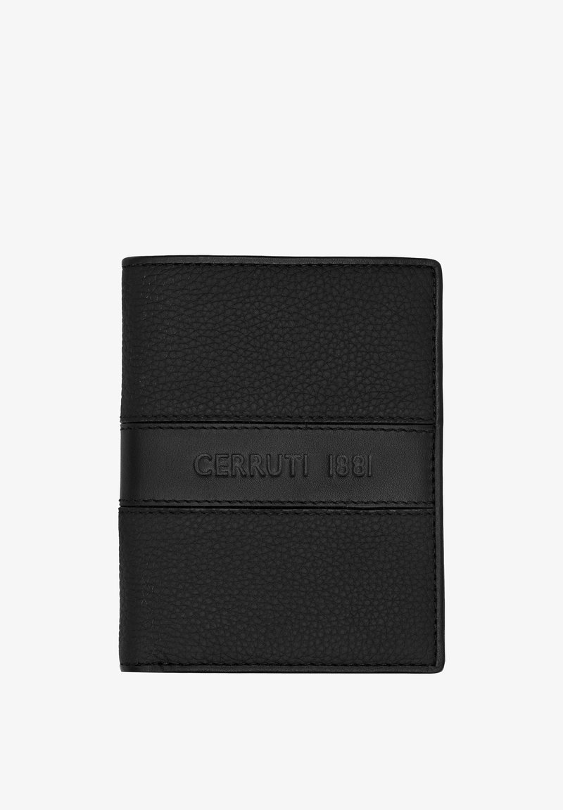 Portefeuille en cuir noir texturé avec une bande en cuir lisse embossée du texte « CERRUTI 1881 » centré sur le devant.