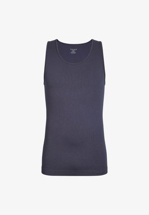 Męski granatowy tank top bez rękawów z okrągłym dekoltem, bezszwowy, lekka tkanina zapewniająca komfort i wentylację.