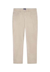 Pantalon beige droit avec fermeture à bouton et fermeture éclair, passants pour ceinture, poches avant et arrière, posé à plat sur un fond blanc.
