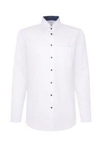 Witte longsleeve shirt met een standaardkraag, zwarte knopen en een subtiel donkerblauw stippenpatroon aan de binnenkant van de kraag, voorzien van een borstzak.