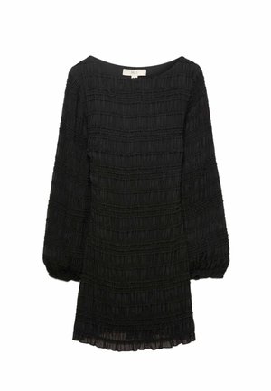 Schwarzes langärmliges Minikleid mit strukturierten horizontalen Rüschen, rundem Ausschnitt und elastischen Bündchen, mit M&S-Label im Kragen innen.