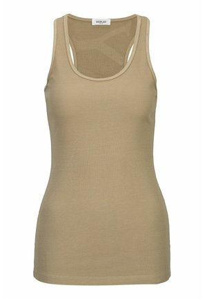 Canotta beige a coste con scollo rotondo e spalline larghe, caratterizzata da una silhouette aderente e una texture liscia.