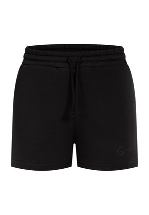Shorts noirs avec une taille élastique et un cordon de serrage. Fabriqués dans un tissu lisse, avec un petit logo sur l'ourlet inférieur. Coupe classique.