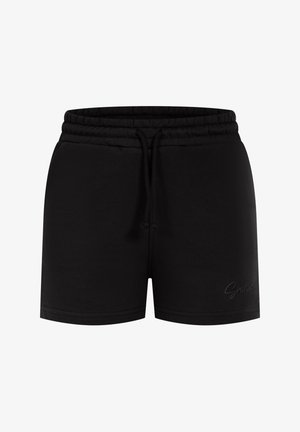 Shorts noirs avec une taille élastique et un cordon de serrage. Fabriqués dans un tissu lisse, avec un petit logo sur l'ourlet inférieur. Coupe classique.
