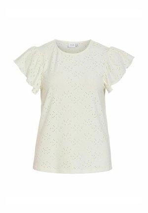 Blouse crème à manches courtes avec motif à œillets et manches volantées, encolure ronde et coupe décontractée.