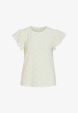 Kremowa bluzka z krótkim rękawem z ażurowym wzorem i falbanami na rękawach, okrągłym dekoltem oraz luźnym krojem.