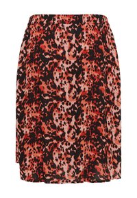 Jupe imprimée abstraite mettant en avant un mélange de couleurs rouge, noir et rose. Fabriquée en tissu léger, elle possède une taille élastique et une coupe évasée.