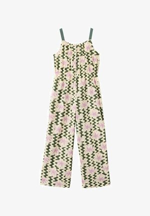 Tuta smanicata con motivo floreale rosa e ondulato verde, scollo quadrato e pantaloni a gamba larga su sfondo bianco.