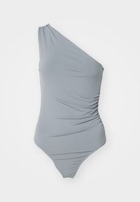 One-shoulder gray swimsuit with gathered texture, smooth fabric, and high-cut leg design. Simple and minimal aesthetic.