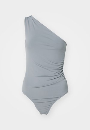 One-shoulder gray swimsuit with gathered texture, smooth fabric, and high-cut leg design. Simple and minimal aesthetic.