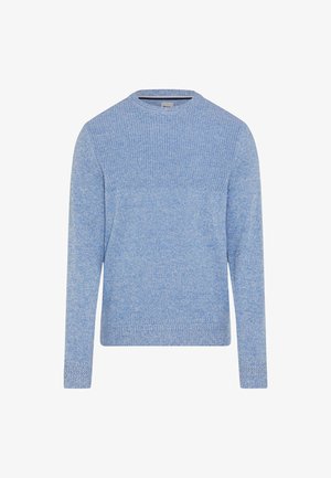 Maglione azzurro chiaro realizzato in un materiale a maglia testurizzato, con collo rotondo, maniche lunghe e un colore uniforme con sottili variazioni di tonalità.