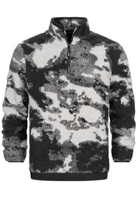 Sudadera de polar con media cremallera en gris y blanco, con una textura suave y un patrón de camuflaje, mangas largas y un dobladillo y cuello negros.