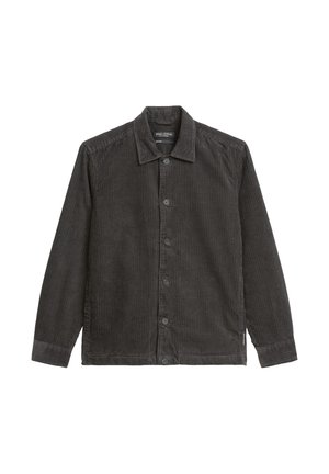 Corduroy shirt in dark gray, featuring a button-up front, long sleeves, and a straight collar. Notable ribbed texture and stitched detailing.