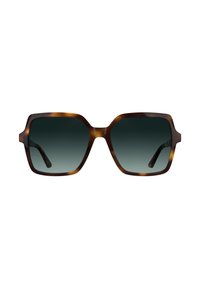 Occhiali da sole con montatura large e angolare in tartaruga marrone, con lenti scure sfumate. Caratterizzati da un arco sopraccigliare leggermente più spesso.