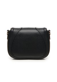 Borsa a tracolla nera in pelle con dettagli di cucitura curvi e hardware dorato sui lati.