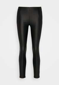 Fekete leggings fényes, rugalmas anyagból. Magas derékkal és két oldalsó zsebbel rendelkezik, amely elegáns, testhezálló megjelenést biztosít.