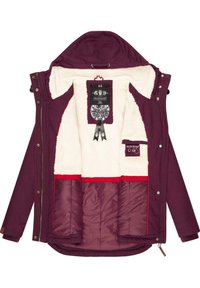 Maroon jacket with a fleece-lined interior, featuring red accents, zip closure, hood, and multiple pockets for storage.