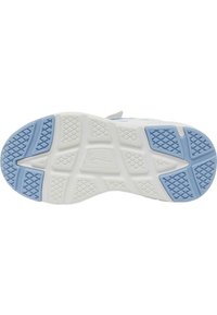 Athletic shoe outsole with a blue and white color scheme. Features textured rubber for grip and a patterned tread design.