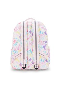 Zaino con un motivo floreale nei colori pastello di rosa, blu, viola e giallo. Presenta spallacci grigi regolabili e due tasche laterali.
