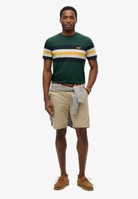 Kortærmet grøn og stribet t-shirt, beige shorts, grå sweatshirt bundet om taljen, brune ruskinds sko og brunt bælte.