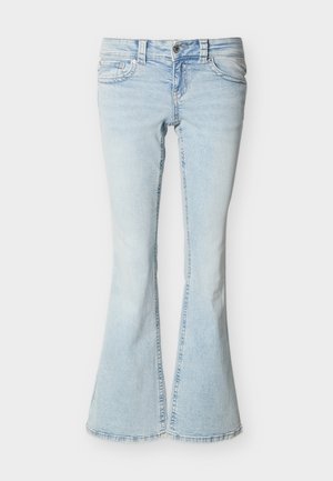 Τζιν παντελόνι από ανοιχτό μπλε ντένιμ με ψηλή μέση, κουμπί και φερμουάρ μπροστά, και φαρδιά μπούτια.