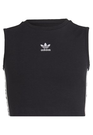 Top corto negro sin mangas de Adidas con logo blanco de trébol centrado en el pecho y rayas blancas a los lados.