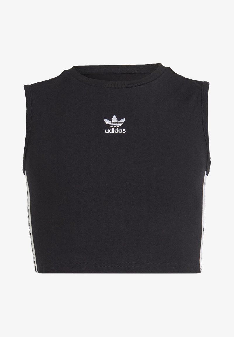 Czarny bezrękawnik Adidas crop top z białym logo trefoil na środku klatki piersiowej i białymi paskami biegnącymi po bokach.