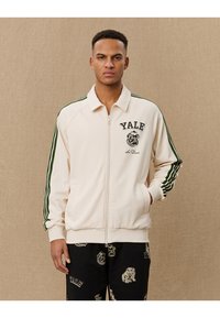 Cream zip-up jacket with green stripes, featuring Yale logo and bulldog graphic. Made from smooth fabric with a relaxed fit.