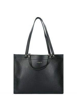 Borsa a tracolla nera in pelle con texture liscia, due manici lunghi e design minimalista. Presenta un logo dorato sul fronte.