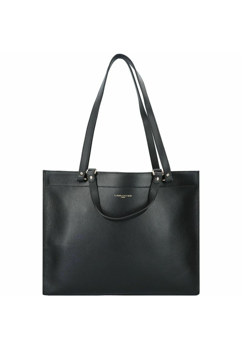 Borsa a tracolla nera in pelle con texture liscia, due manici lunghi e design minimalista. Presenta un logo dorato sul fronte.