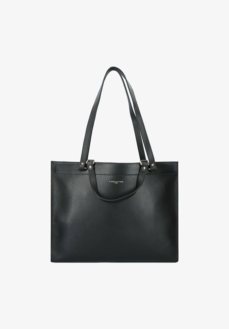 Borsa a tracolla nera in pelle con texture liscia, due manici lunghi e design minimalista. Presenta un logo dorato sul fronte.