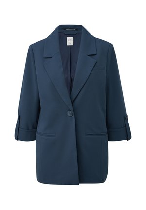 Navy blue women's blazer with notch lapels, single button closure, rolled-up sleeves with button tabs, and front welt pockets.