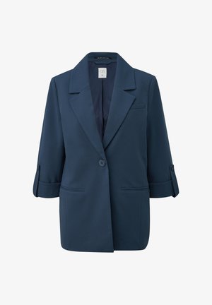 Navy blue women's blazer with notch lapels, single button closure, rolled-up sleeves with button tabs, and front welt pockets.