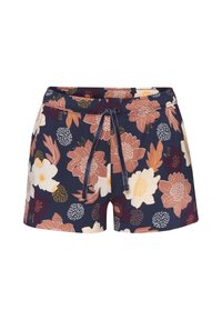 Korte broek met bloemenprint in marineblauw met lichtroze, oranje en witte bloemen. Voorzien van een elastische tailleband en een verstelbaar trekkoord.
