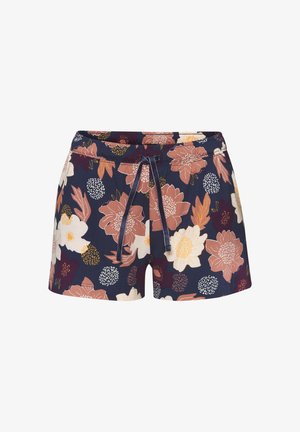 Pantalones cortos con estampado floral en azul marino con flores en rosa claro, naranja y blanco. Cuenta con una cinturilla elástica y cordón ajustable.