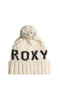 Pletená čiapka v krémovej farbe s čiernym prehnutým okrajom, na ktorom je nápis "ROXY". Ukončená pom-pomom, má textúrový vzor po celej ploche.