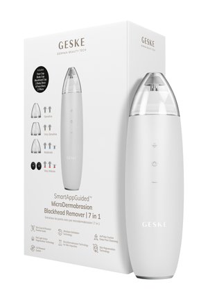 GESKE microdermabrasion fjernelse af hudorme med klart sugetip, plus- og minusknapper, vist med emballage og tilbehørsguide.