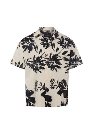 Beiges kurzärmeliges Hemd mit schwarzem großem Blumenmuster und klassischem Kragen.