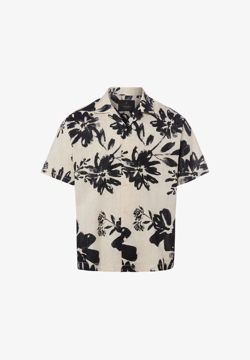 Chemise beige à manches courtes boutonnée avec un grand imprimé floral noir et un col classique.
