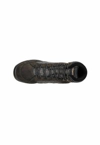 Scarpa alta marrone e grigia realizzata in suede e materiali tessili, con design allacciato, collare imbottito e suola in gomma.