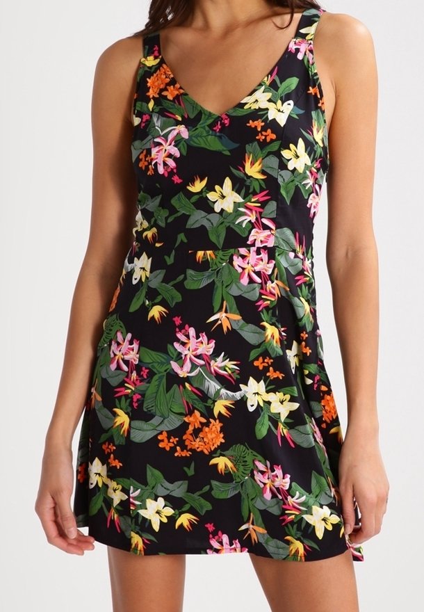 Blumenkleid mit V-Ausschnitt und verstellbaren Trägern. Schwarzer Hintergrund mit bunten Blumen in Pink, Orange und Grün. Weicher, leichter Stoff.